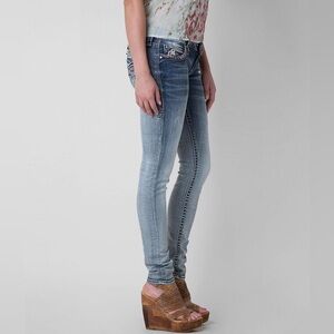 ROCK REVIVAL Pilkin Distressed Skinny Stretch Jeans W/Rhinestone & Leather Trim